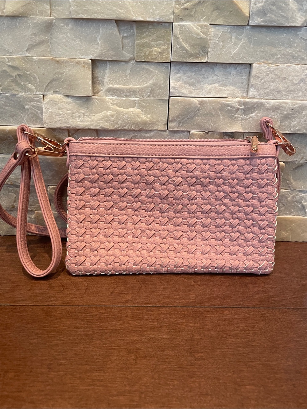 5/$25 Charming Charlie Pink Woven Crossbody Bag